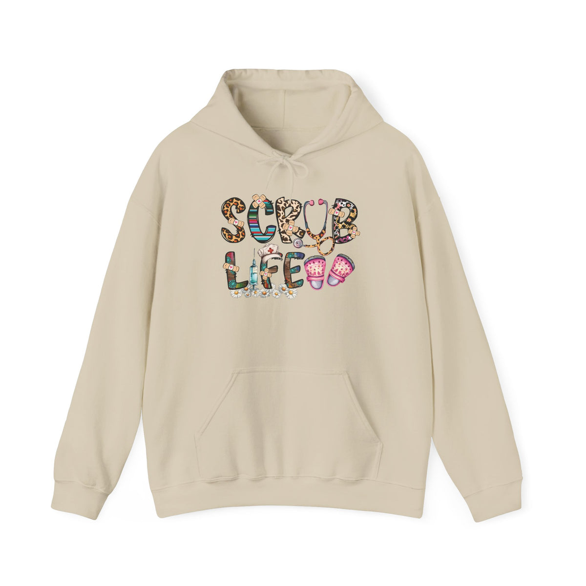 Sand Scrub Life nurse hoodie with patterned lettering, stethoscope and clogs