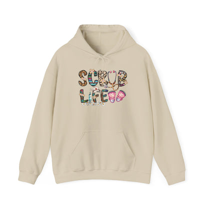 Sand Scrub Life nurse hoodie with patterned lettering, stethoscope and clogs