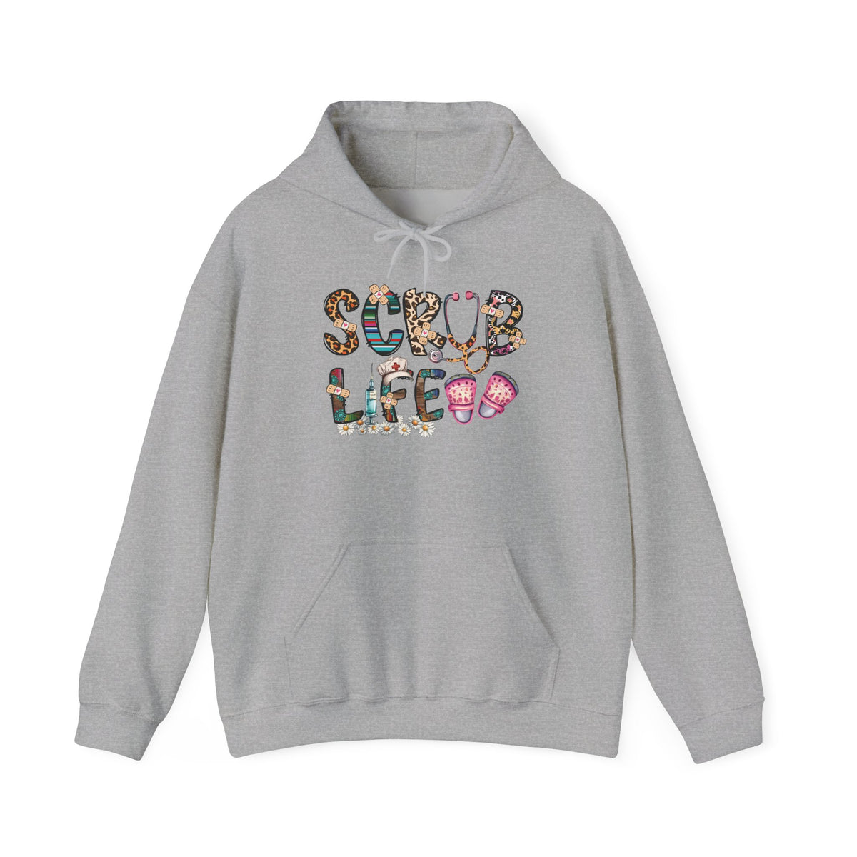 Sport grey Scrub Life nurse hoodie with patterned lettering, stethoscope and clogs