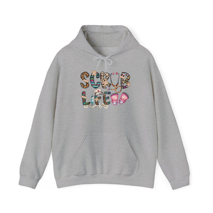 Sport grey Scrub Life nurse hoodie with patterned lettering, stethoscope and clogs