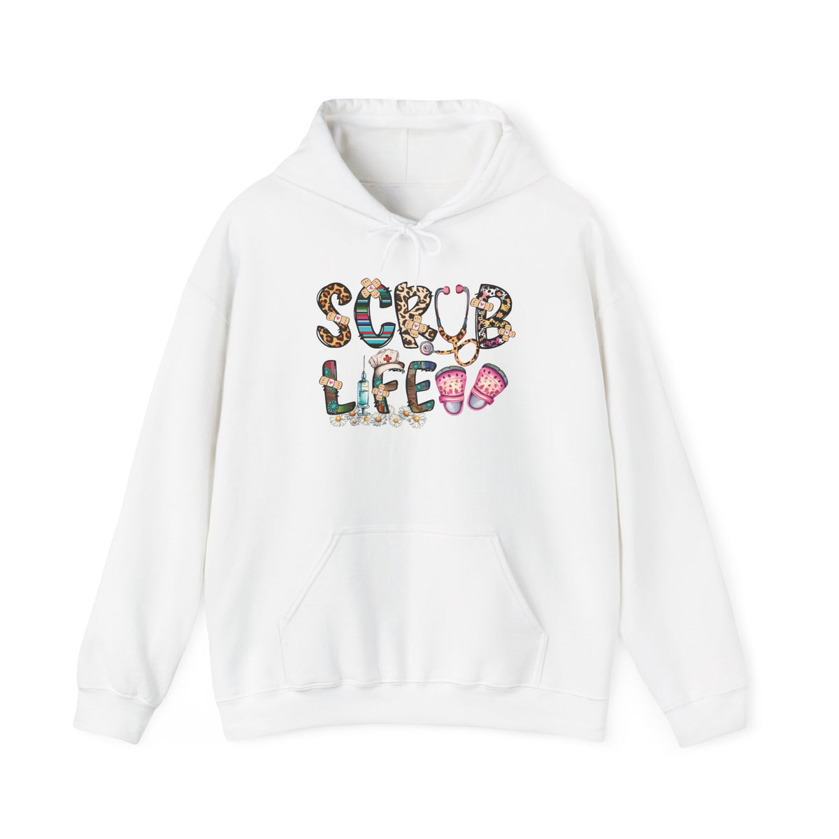 White Scrub Life nurse hoodie with patterned lettering, stethoscope and clogs