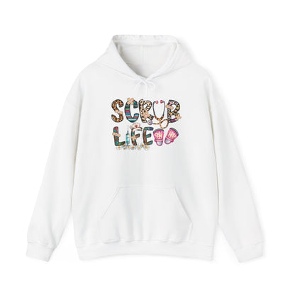 White Scrub Life nurse hoodie with patterned lettering, stethoscope and clogs