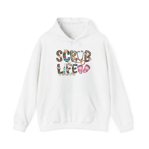 White Scrub Life nurse hoodie with patterned lettering, stethoscope and clogs