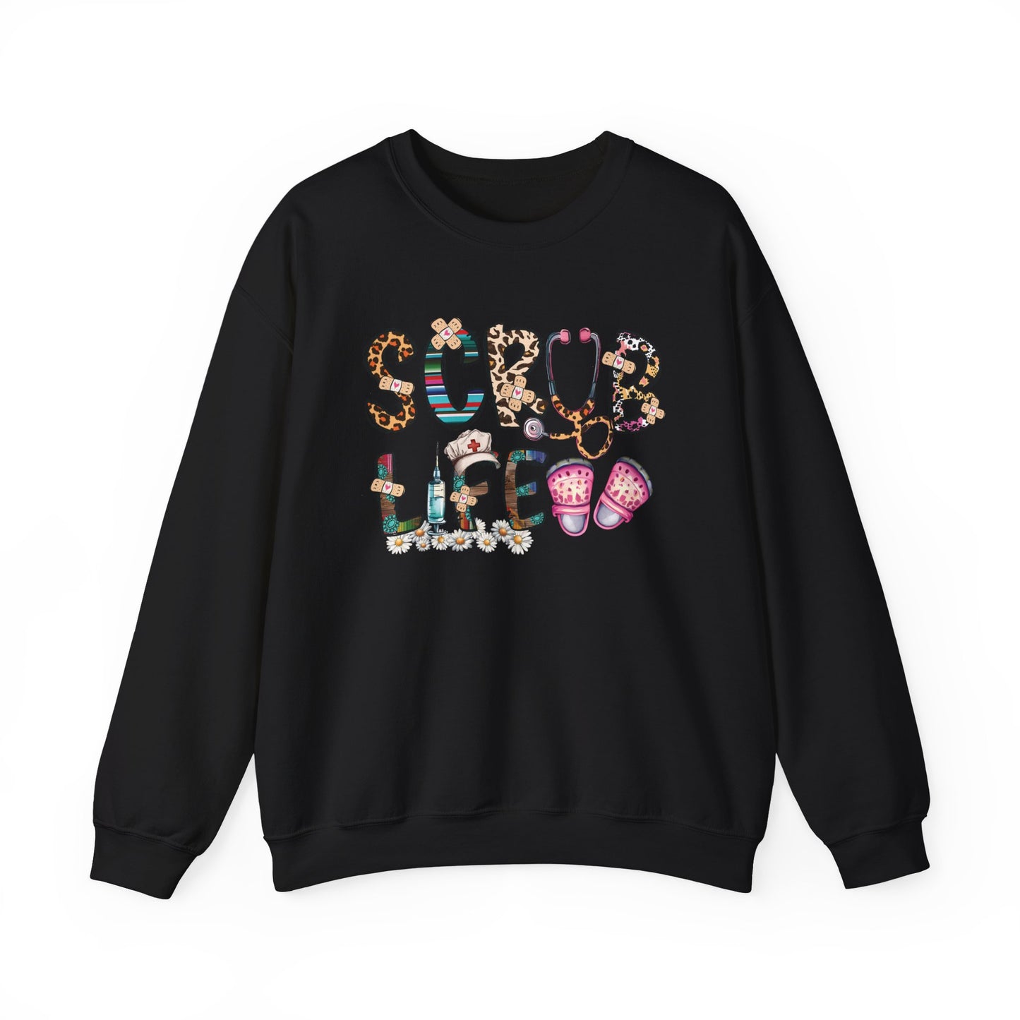 Black Scrub Life nurse sweatshirt with patterned lettering, stethoscope and clogs