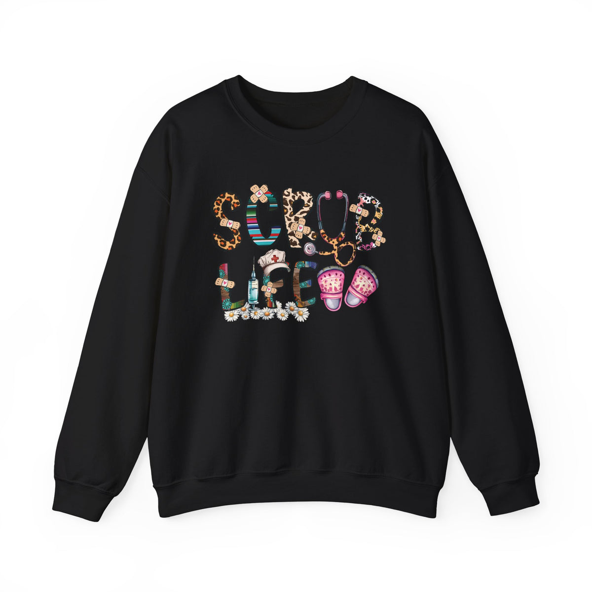 Black Scrub Life nurse sweatshirt with patterned lettering, stethoscope and clogs