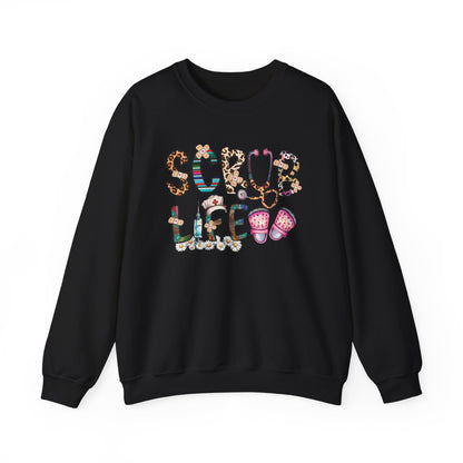 Black Scrub Life nurse sweatshirt with patterned lettering, stethoscope and clogs