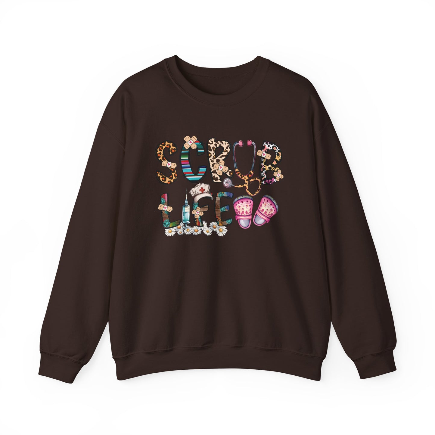 Dark chocolate Scrub Life nurse sweatshirt with patterned lettering, stethoscope and clogs