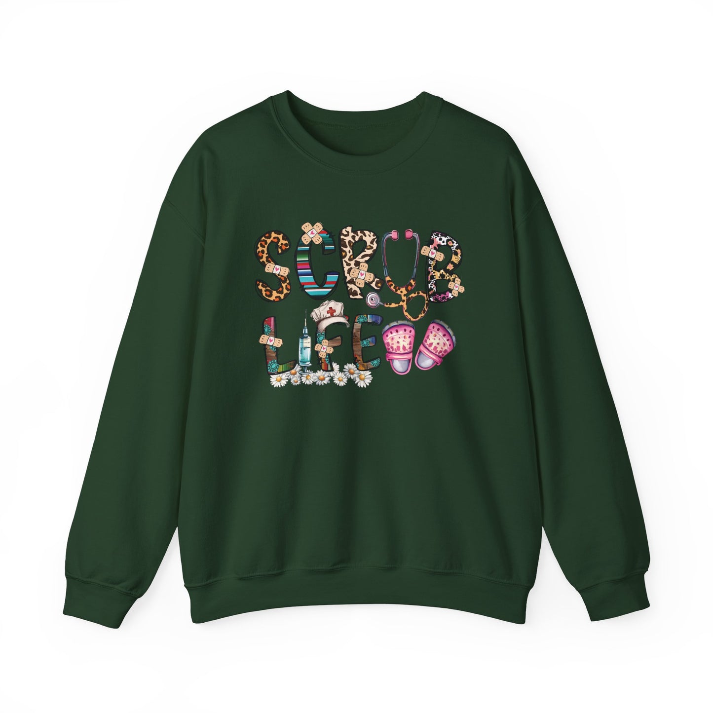Forest green Scrub Life nurse sweatshirt with patterned lettering, stethoscope and clogs
