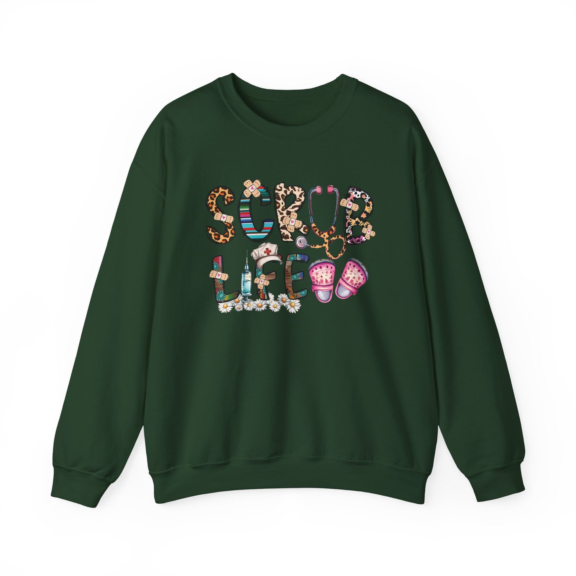 Forest green Scrub Life nurse sweatshirt with patterned lettering, stethoscope and clogs