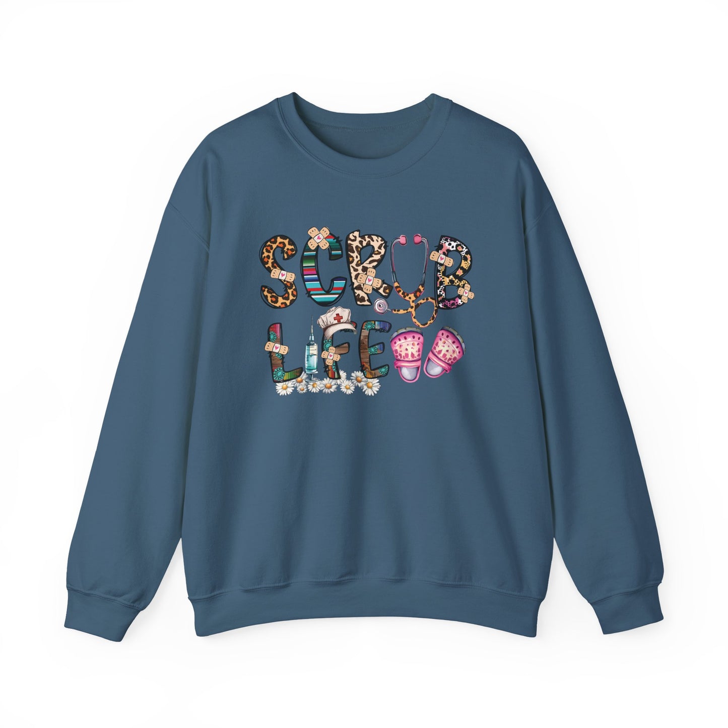 Indigo blue Scrub Life nurse sweatshirt with patterned lettering, stethoscope and clogs