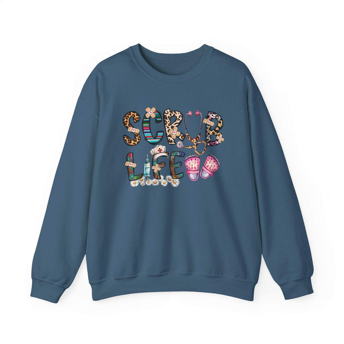 Indigo blue Scrub Life nurse sweatshirt with patterned lettering, stethoscope and clogs
