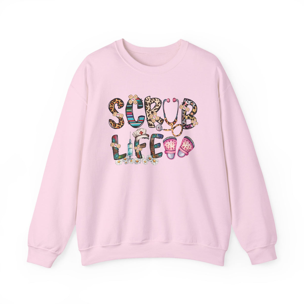 Light pink Scrub Life nurse sweatshirt with patterned lettering, stethoscope and clogs