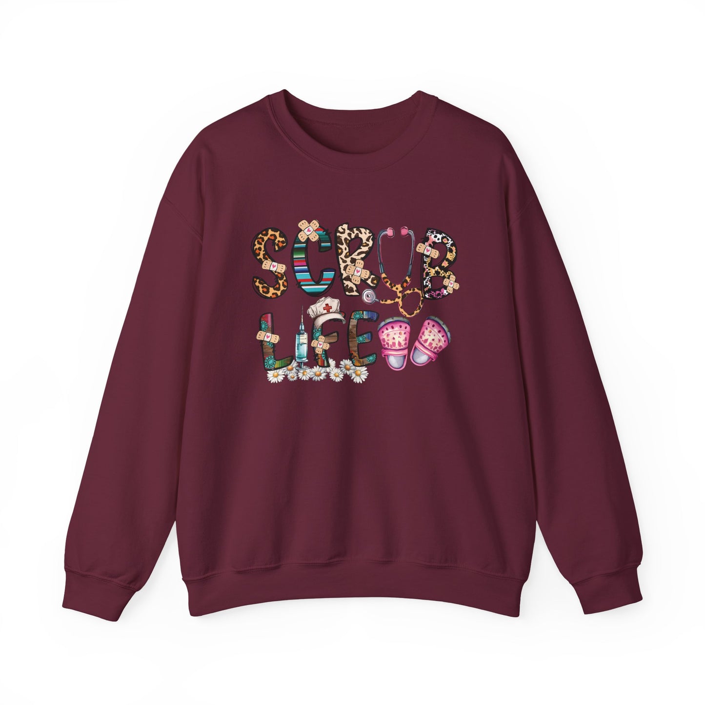 Maroon Scrub Life nurse sweatshirt with patterned lettering, stethoscope and clogs