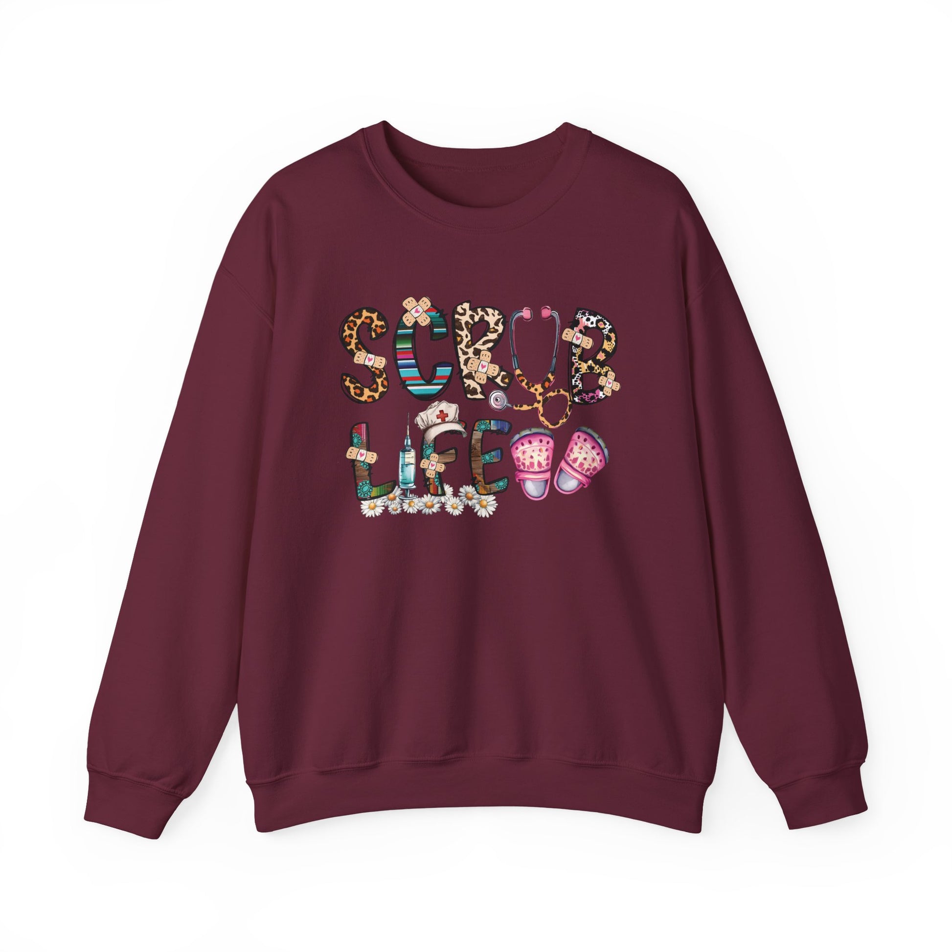 Maroon Scrub Life nurse sweatshirt with patterned lettering, stethoscope and clogs