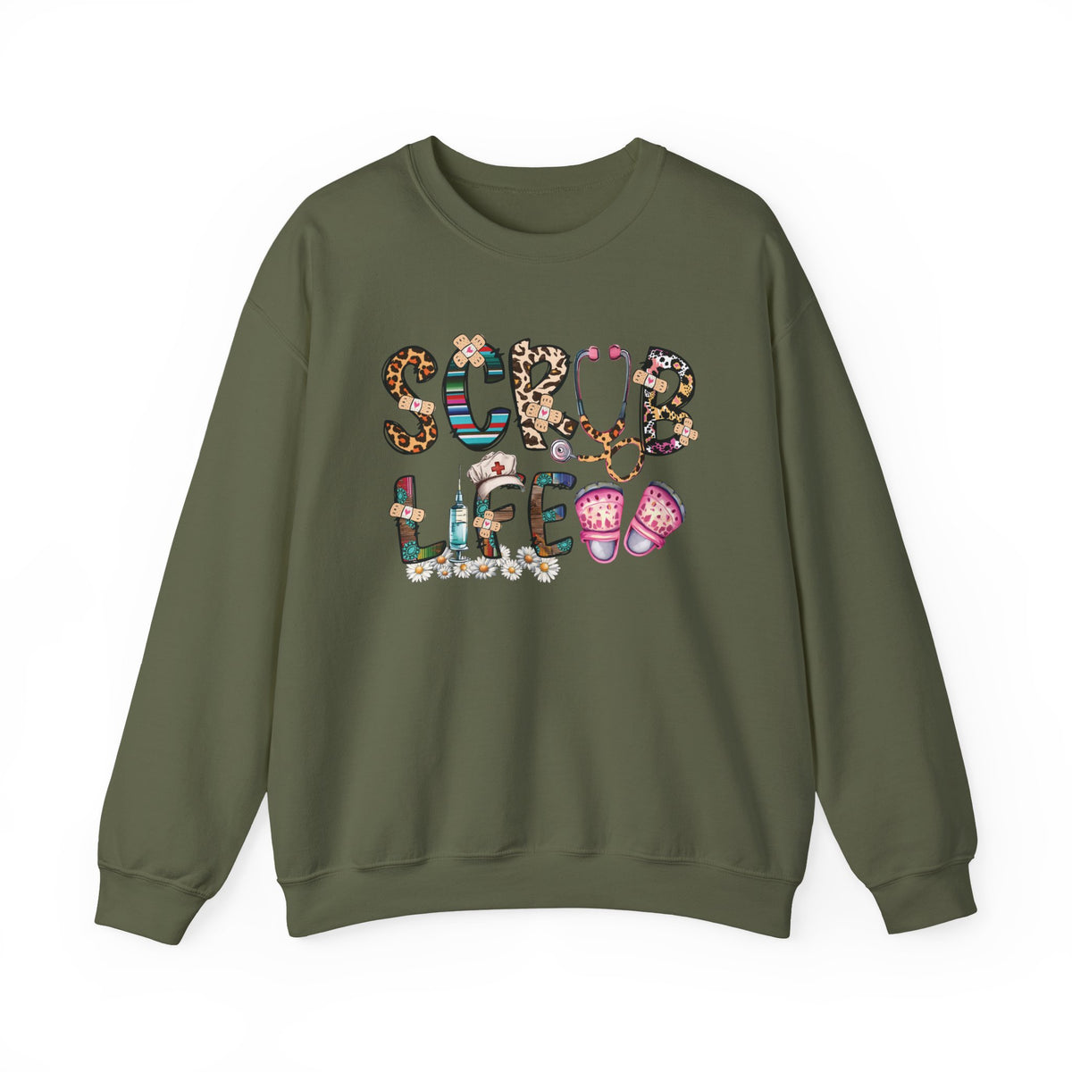 Military green Scrub Life nurse sweatshirt with patterned lettering, stethoscope and clogs