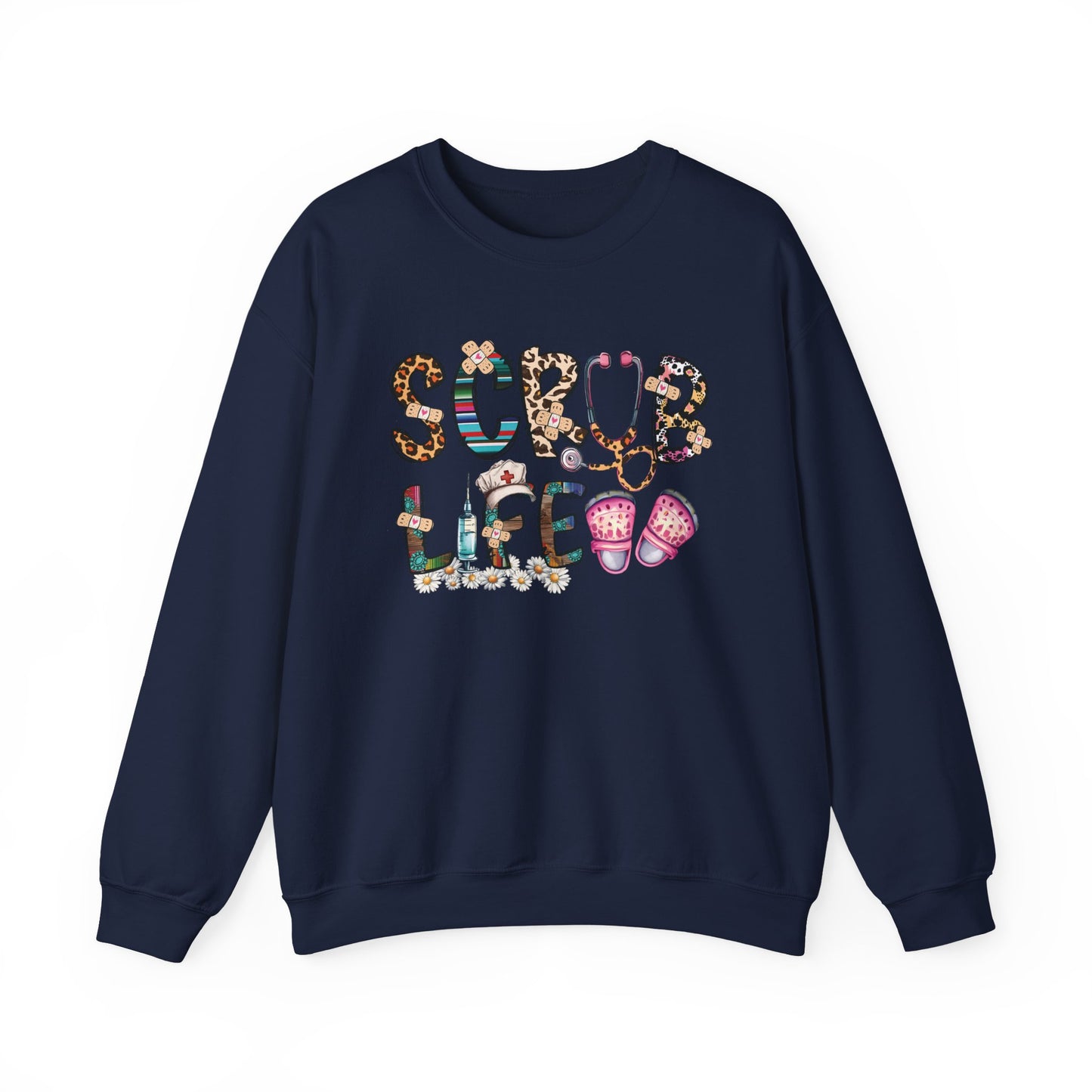 Navy Scrub Life nurse sweatshirt with patterned lettering, stethoscope and clogs