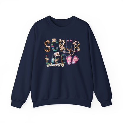 Navy Scrub Life nurse sweatshirt with patterned lettering, stethoscope and clogs
