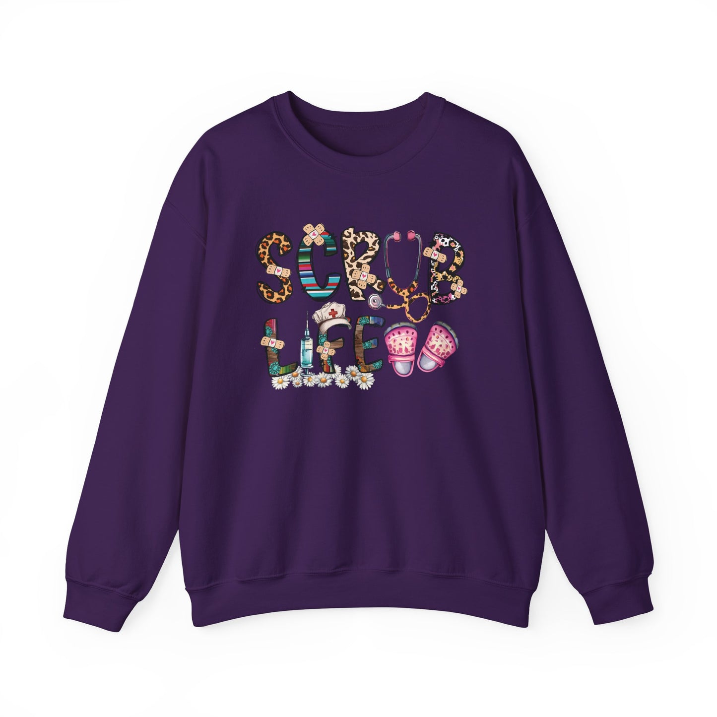 Purple Scrub Life nurse sweatshirt with patterned lettering, stethoscope and clogs