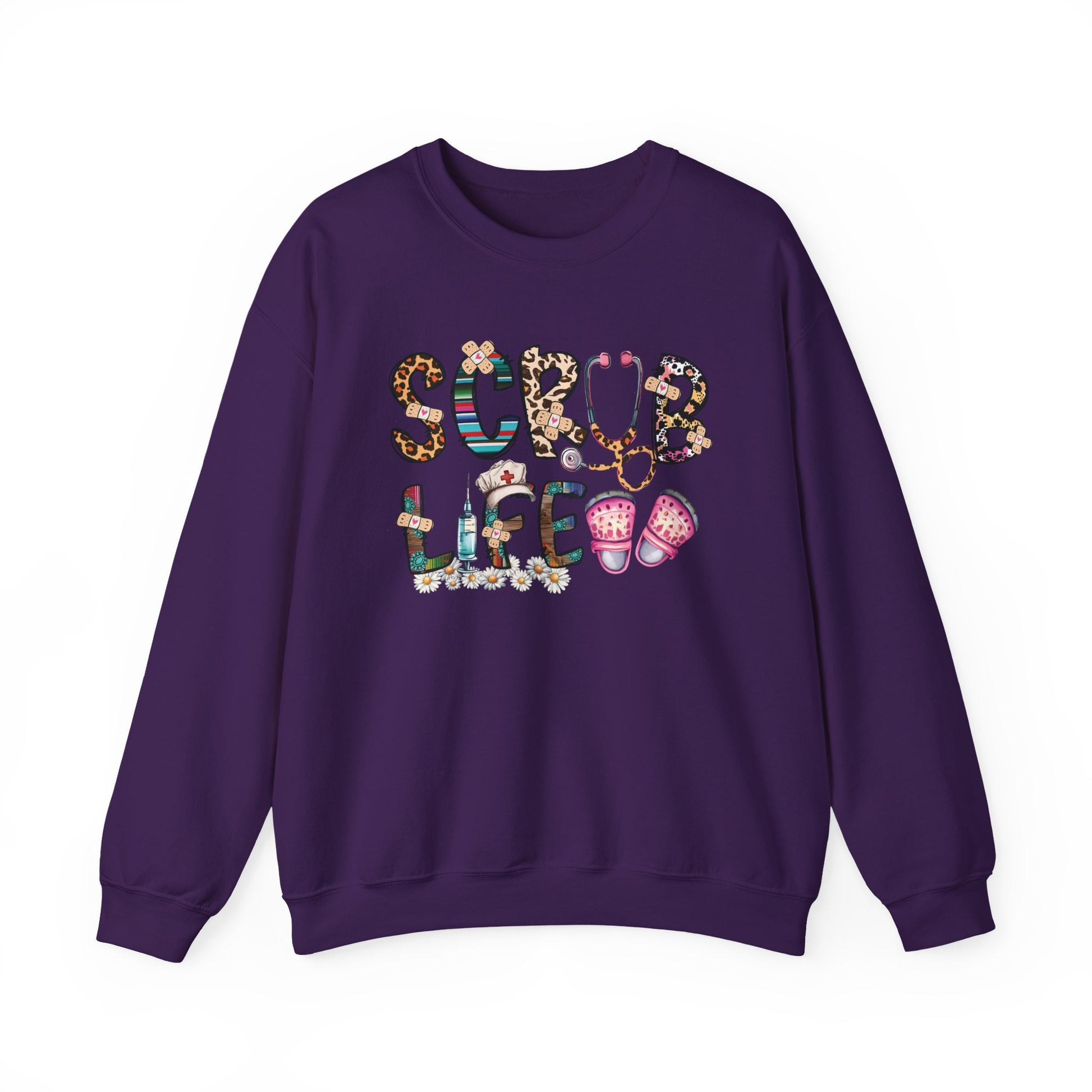 Purple Scrub Life nurse sweatshirt with patterned lettering, stethoscope and clogs