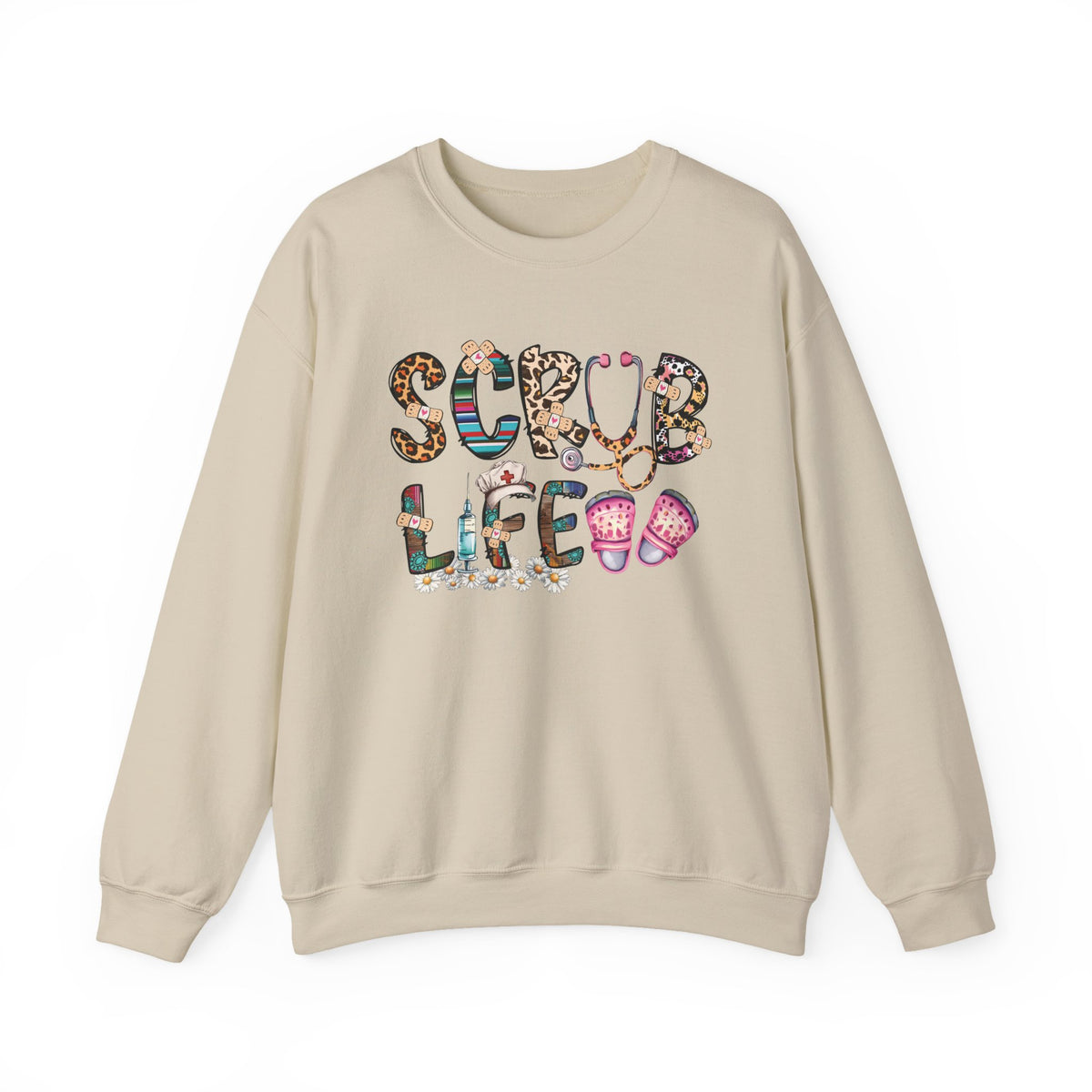 Sand Scrub Life nurse sweatshirt with patterned lettering, stethoscope and clogs