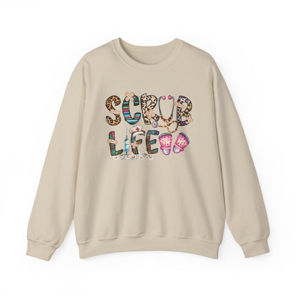 Sand Scrub Life nurse sweatshirt with patterned lettering, stethoscope and clogs
