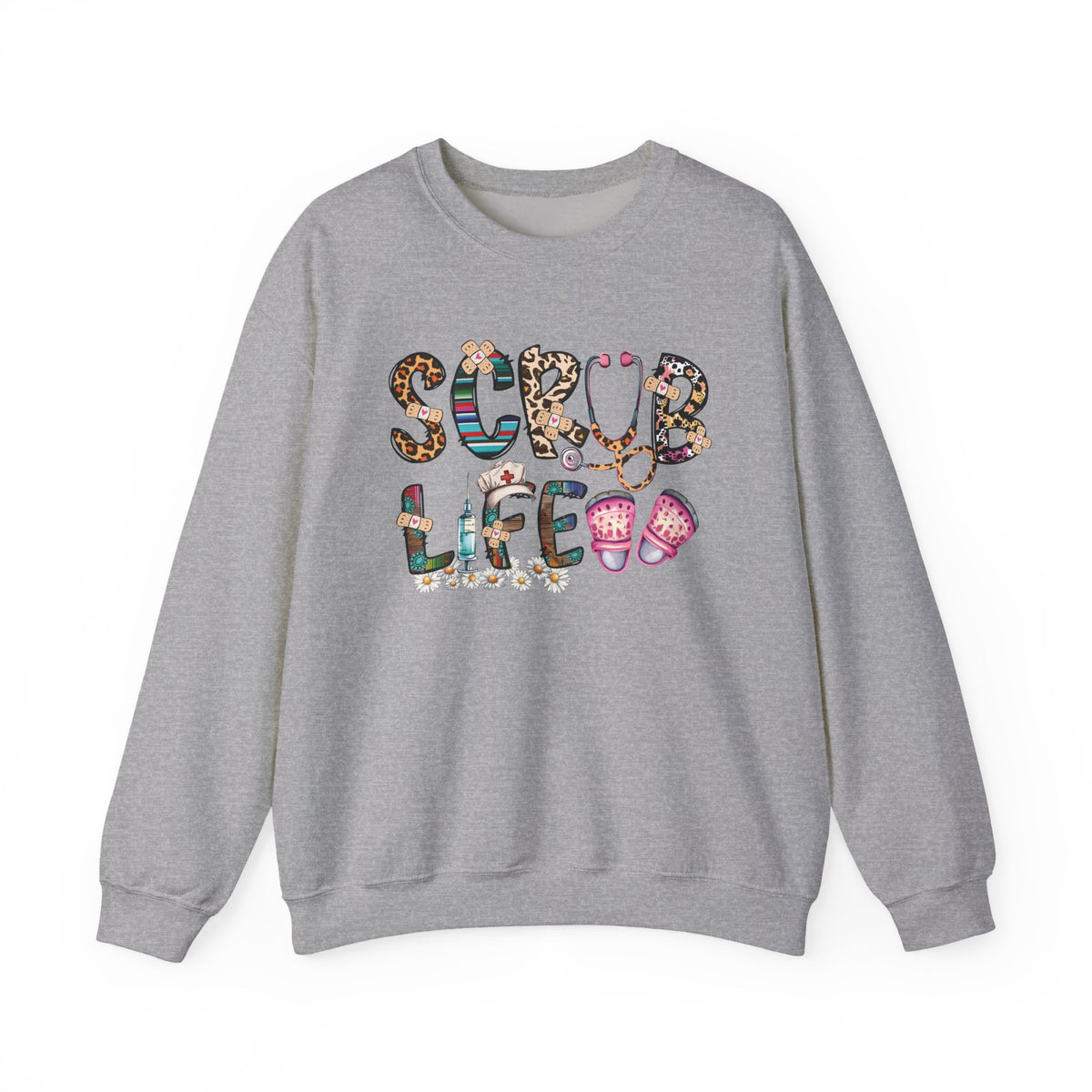 Sport grey Scrub Life nurse sweatshirt with patterned lettering, stethoscope and clogs