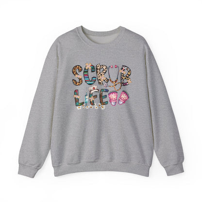 Sport grey Scrub Life nurse sweatshirt with patterned lettering, stethoscope and clogs