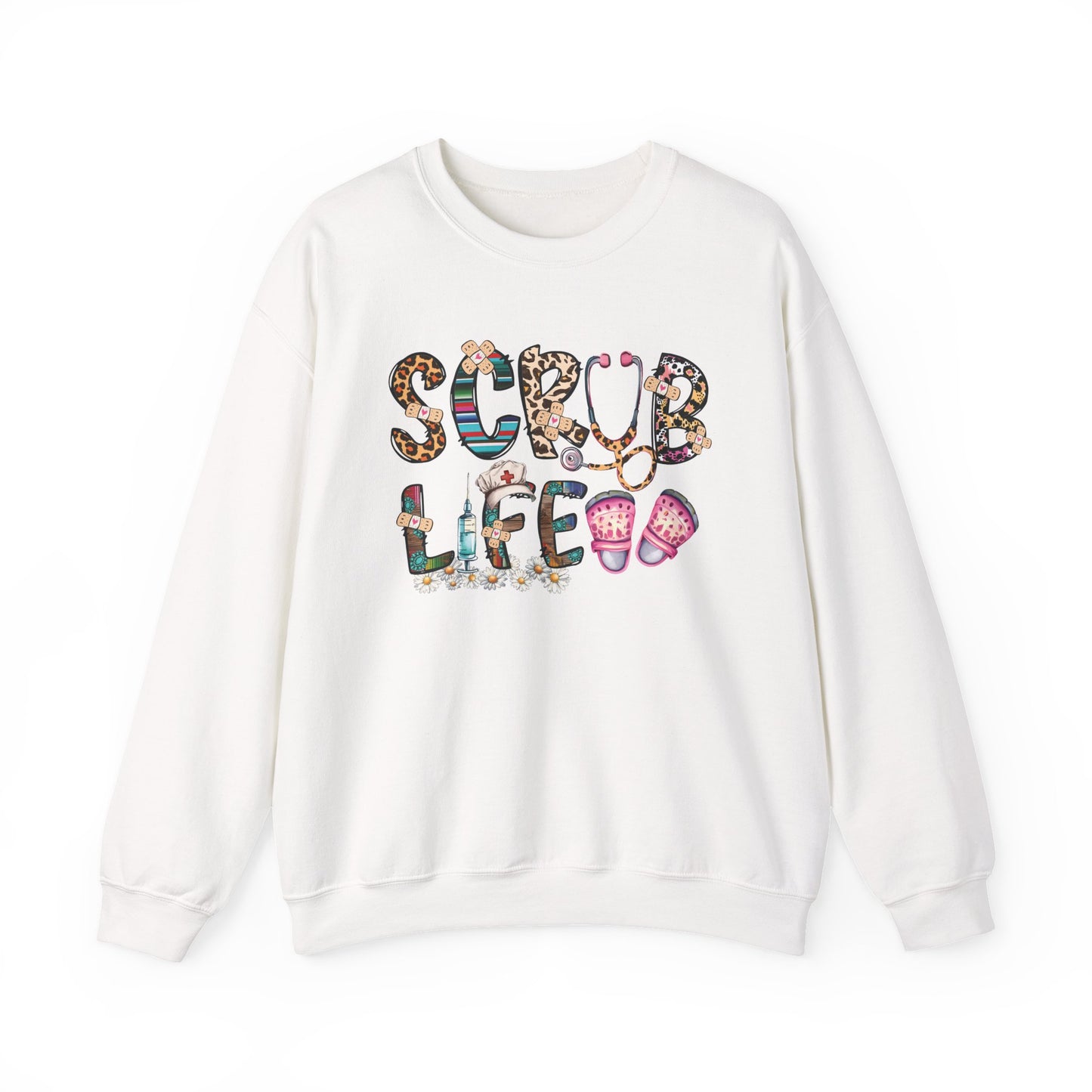 White Scrub Life nurse sweatshirt with patterned lettering, stethoscope and clogs