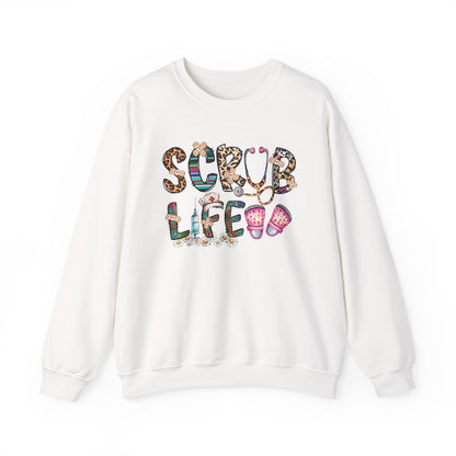 White Scrub Life nurse sweatshirt with patterned lettering, stethoscope and clogs