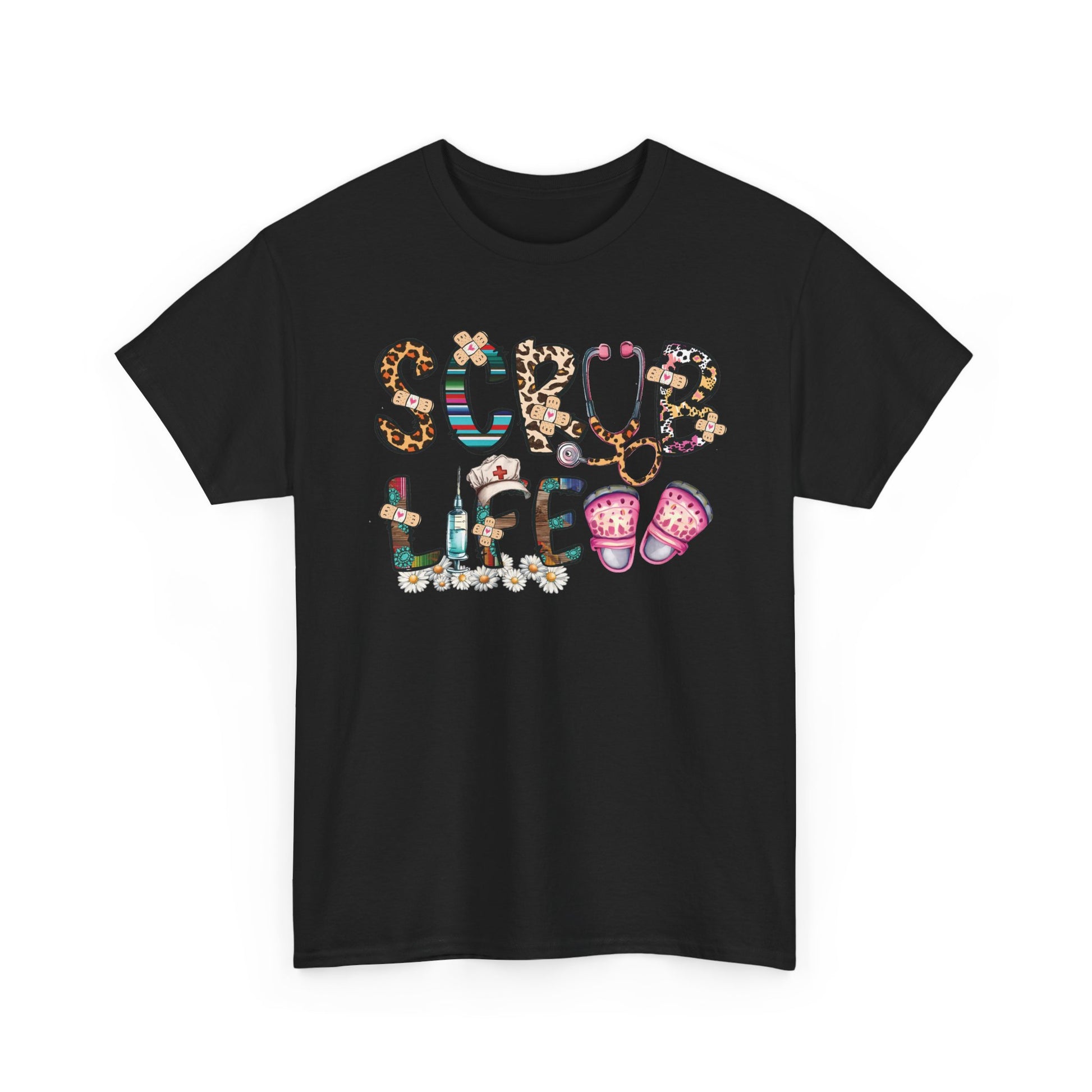 Black Scrub Life nurse t-shirt with patterned lettering, stethoscope and clogs
