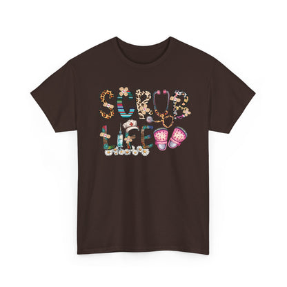 Dark chocolate Scrub Life nurse t-shirt with patterned lettering, stethoscope and clogs