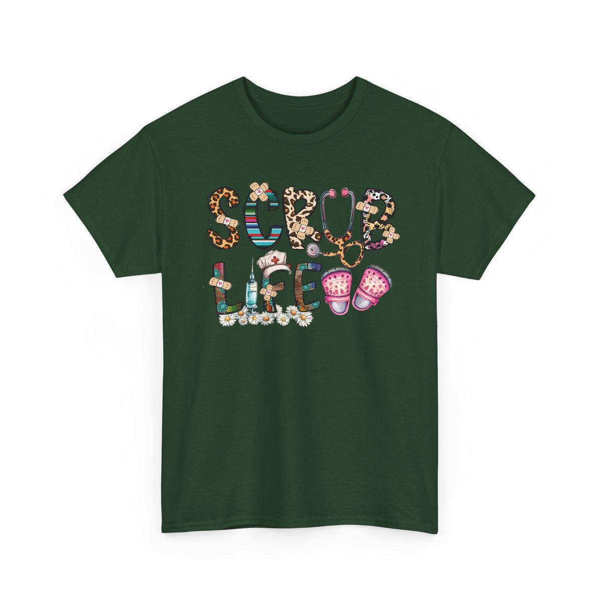 Forest green Scrub Life nurse t-shirt with patterned lettering, stethoscope and clogs