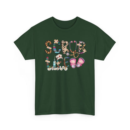 Forest green Scrub Life nurse t-shirt with patterned lettering, stethoscope and clogs