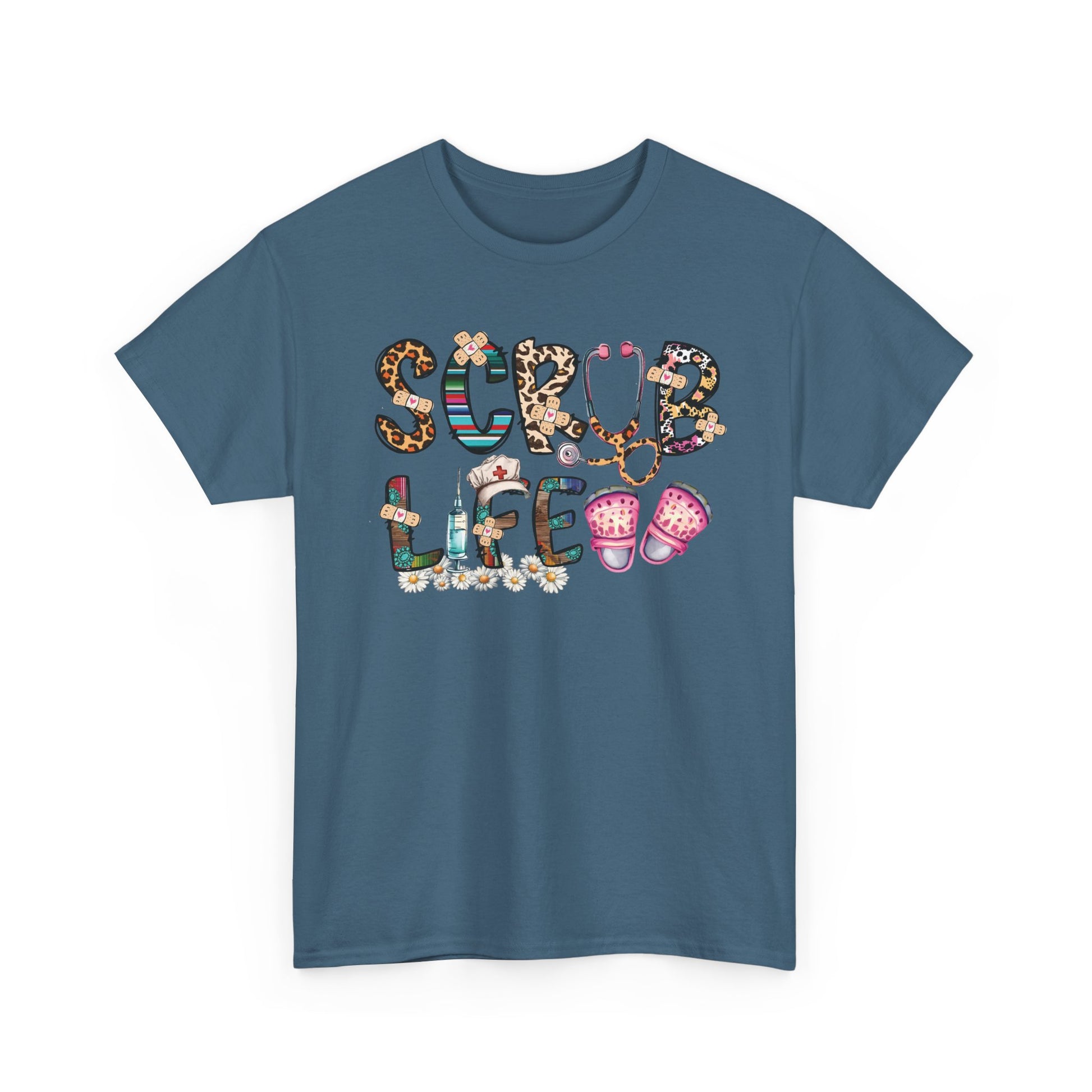 Indigo blue Scrub Life nurse t-shirt with patterned lettering, stethoscope and clogs