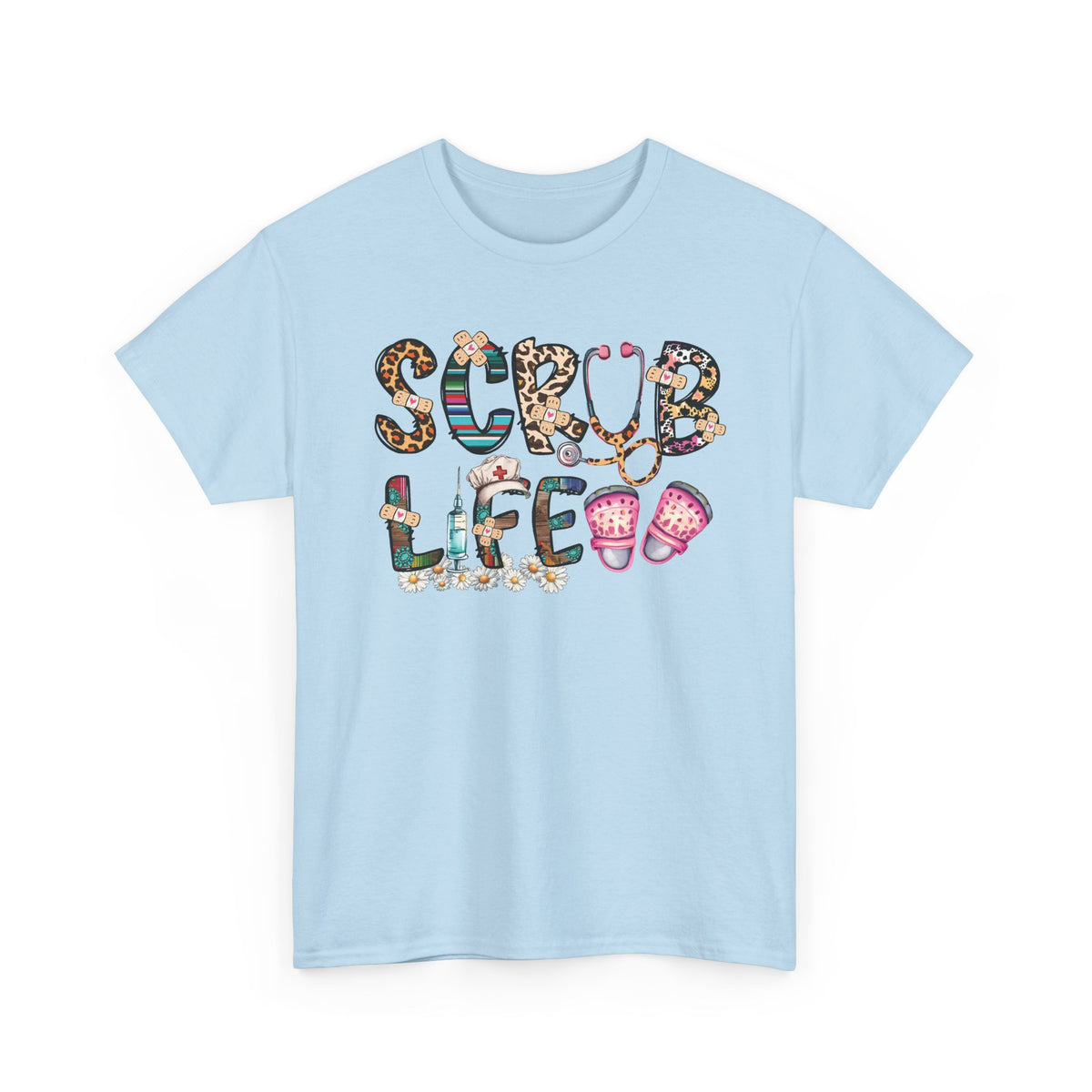 Light blue Scrub Life nurse t-shirt with patterned lettering, stethoscope and clogs