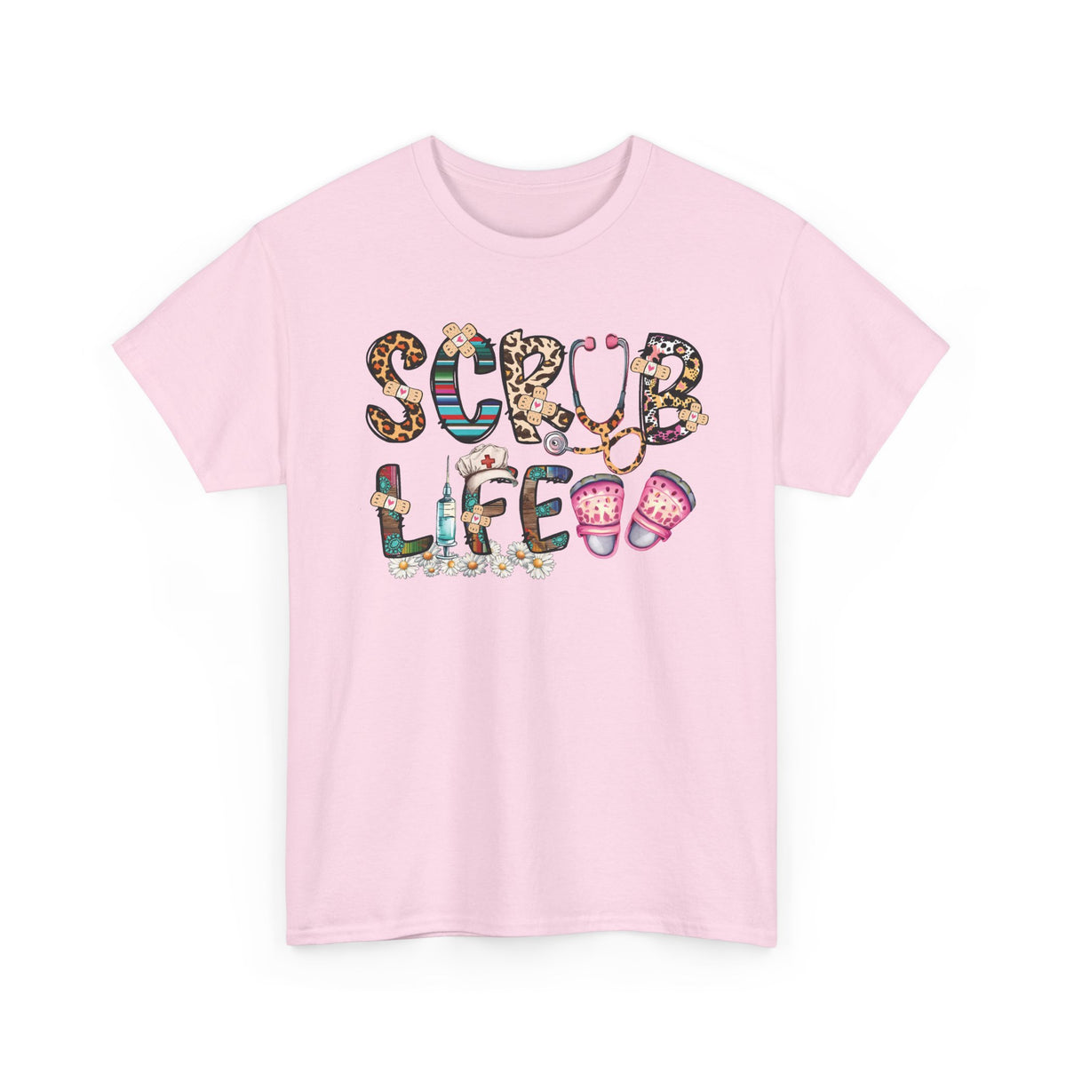 Light pink Scrub Life nurse t-shirt with patterned lettering, stethoscope and clogs