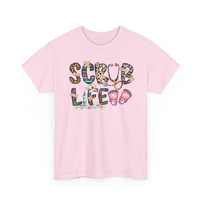 Light pink Scrub Life nurse t-shirt with patterned lettering, stethoscope and clogs
