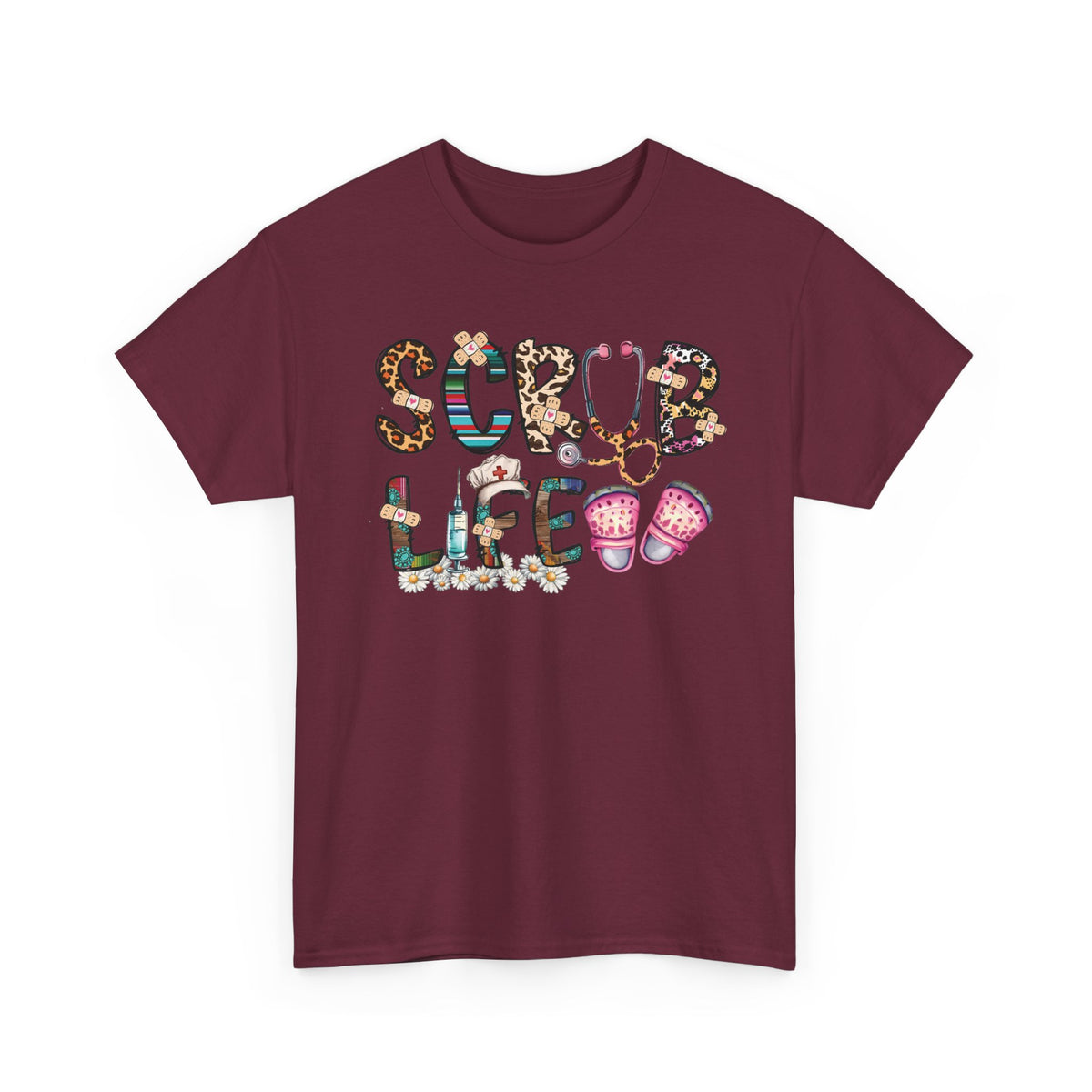 Maroon Scrub Life nurse t-shirt with patterned lettering, stethoscope and clogs