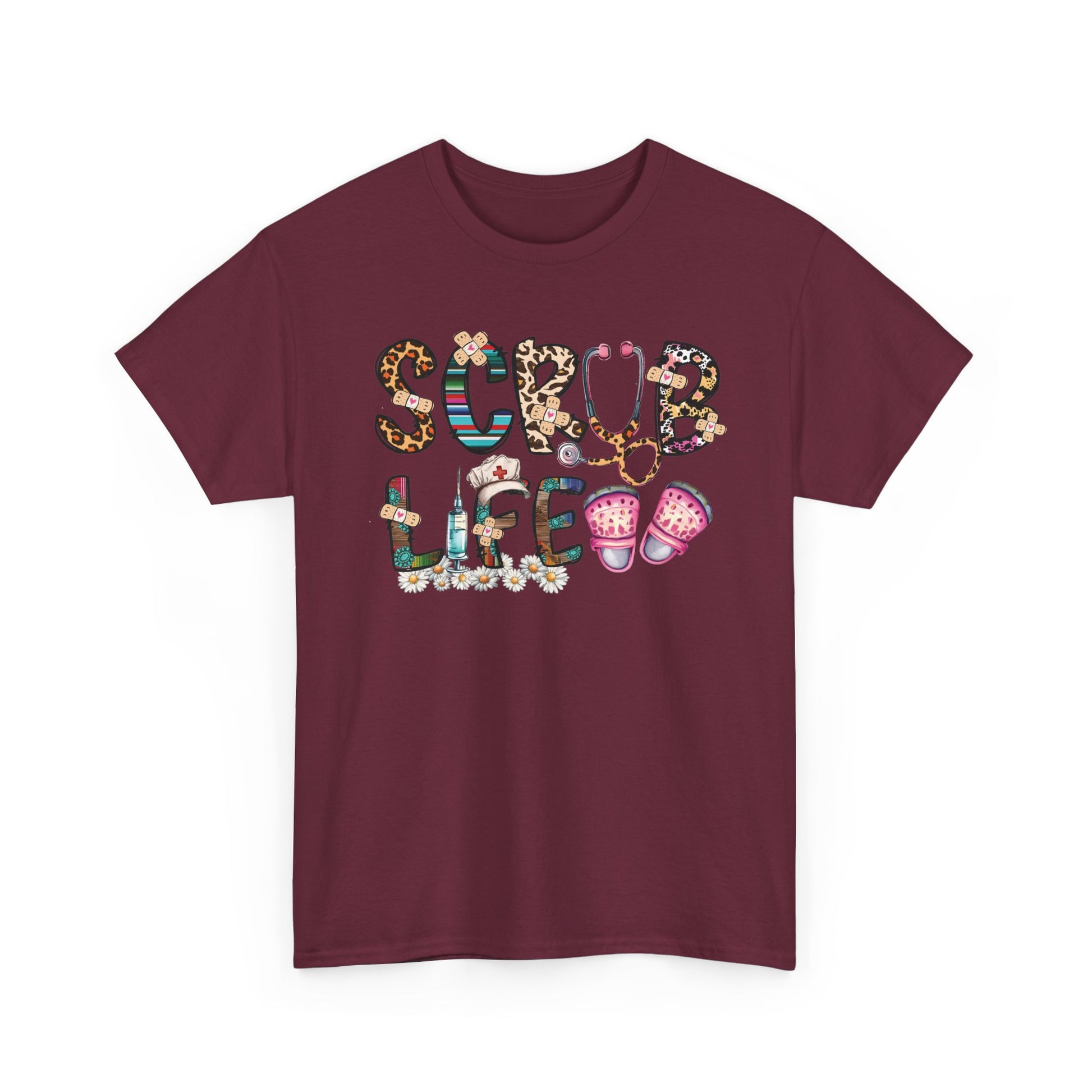 Maroon Scrub Life nurse t-shirt with patterned lettering, stethoscope and clogs