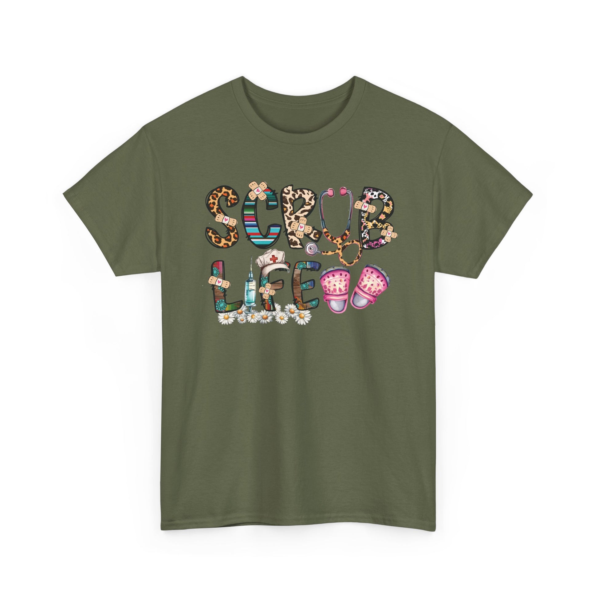 Military green Scrub Life nurse t-shirt with patterned lettering, stethoscope and clogs