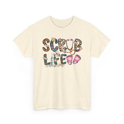 Natural Scrub Life nurse t-shirt with patterned lettering, stethoscope and clogs