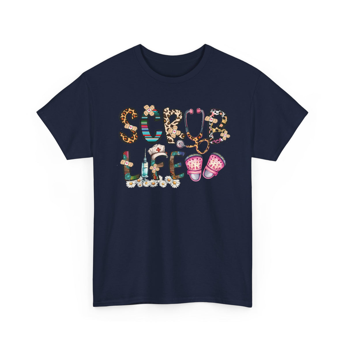 Navy Scrub Life nurse t-shirt with patterned lettering, stethoscope and clogs