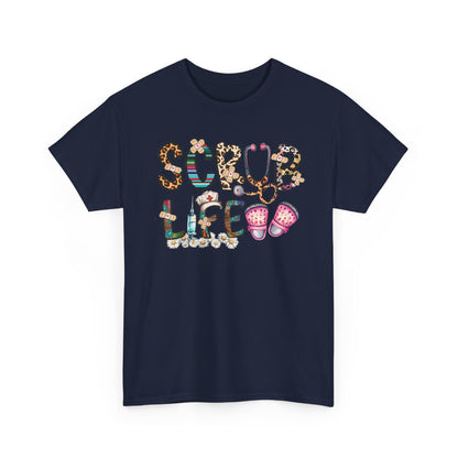 Navy Scrub Life nurse t-shirt with patterned lettering, stethoscope and clogs