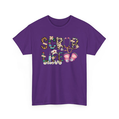 Purple Scrub Life nurse t-shirt with patterned lettering, stethoscope and clogs