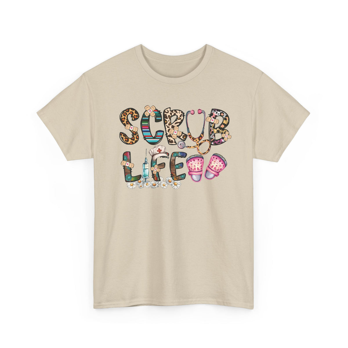 Sand Scrub Life nurse t-shirt with patterned lettering, stethoscope and clogs