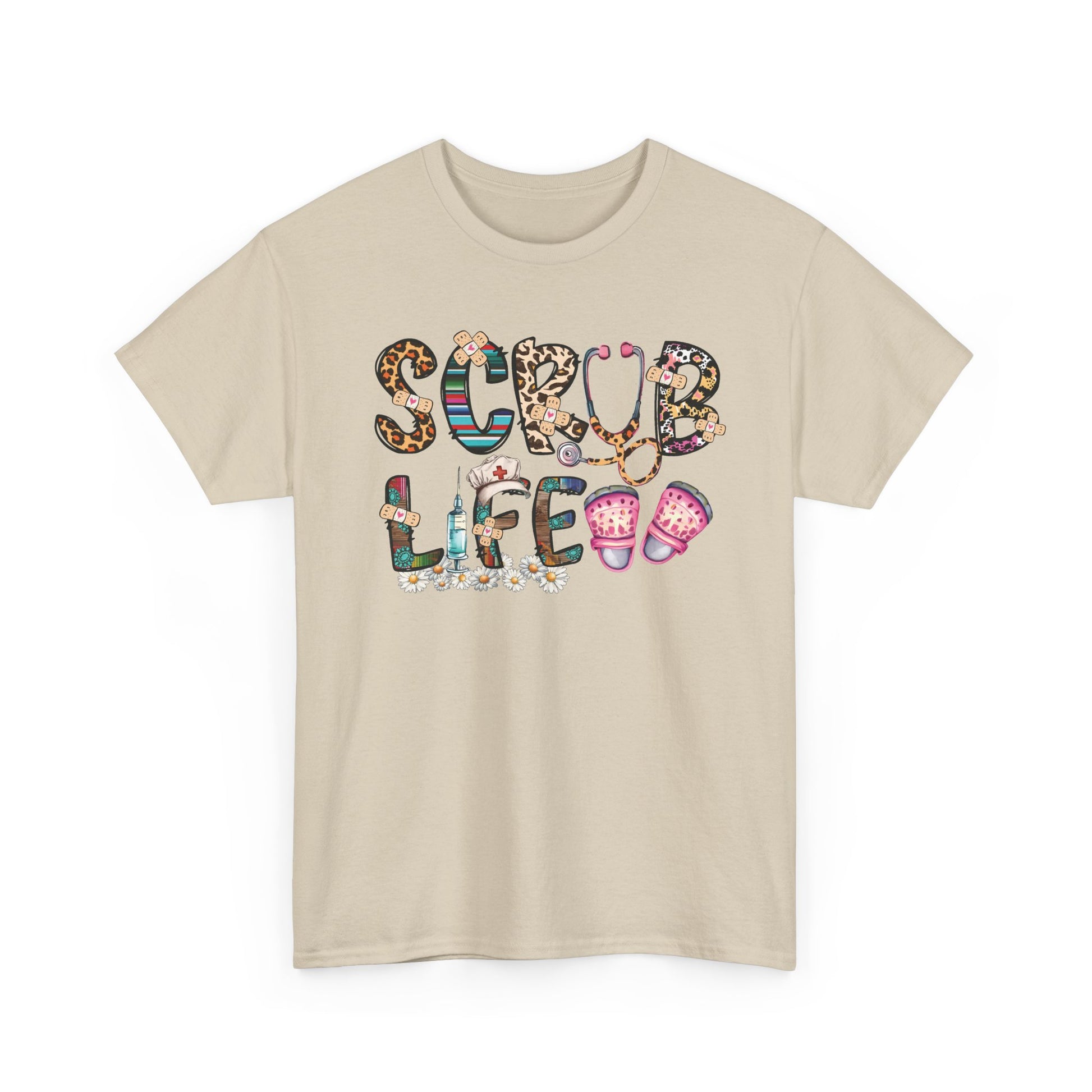 Sand Scrub Life nurse t-shirt with patterned lettering, stethoscope and clogs