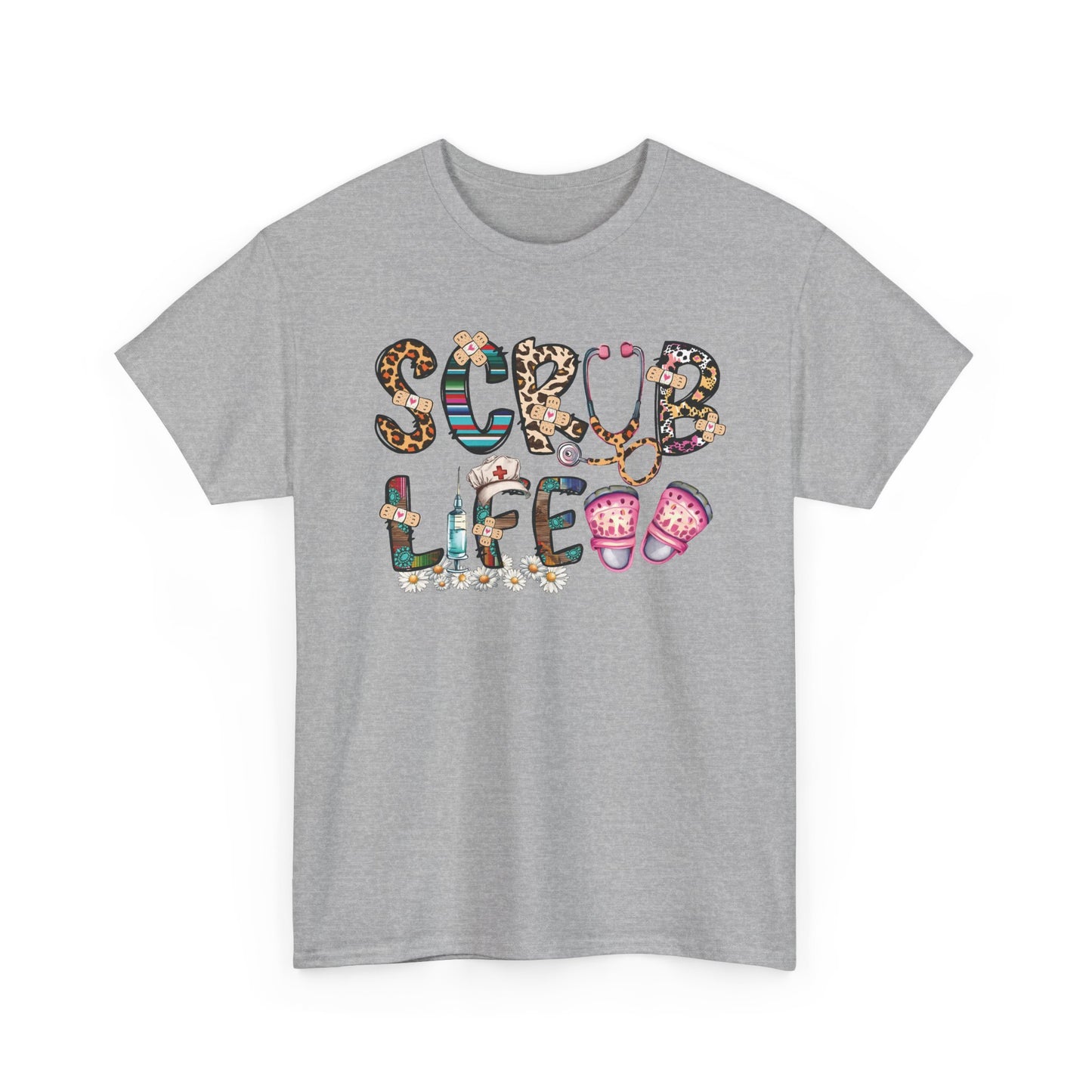 Sport grey Scrub Life nurse t-shirt with patterned lettering, stethoscope and clogs