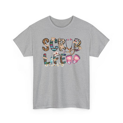 Sport grey Scrub Life nurse t-shirt with patterned lettering, stethoscope and clogs