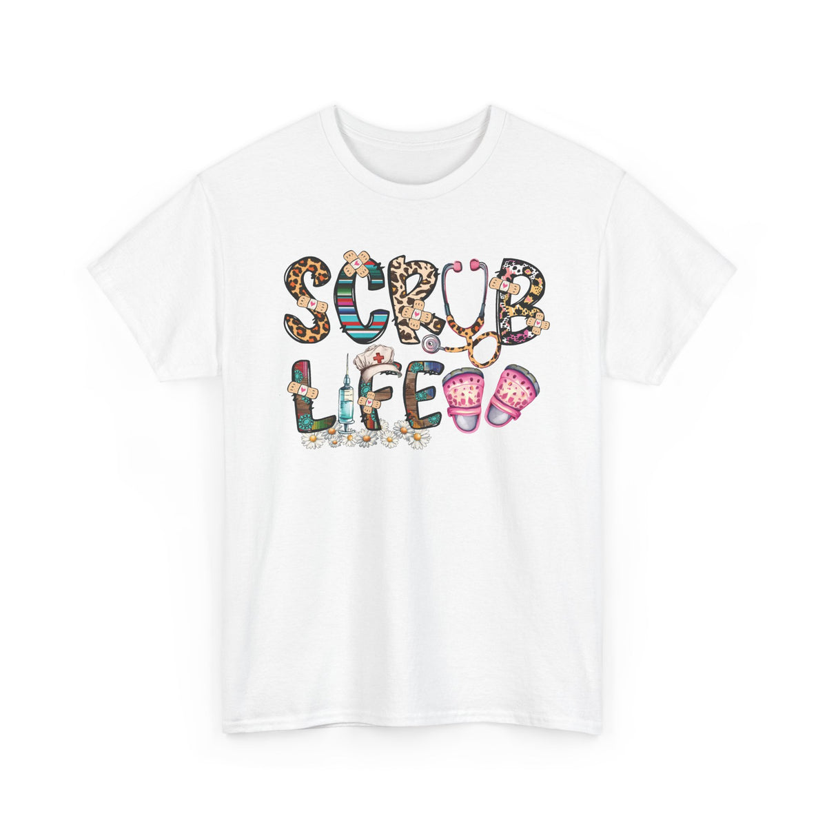 White Scrub Life nurse t-shirt with patterned lettering, stethoscope and clogs