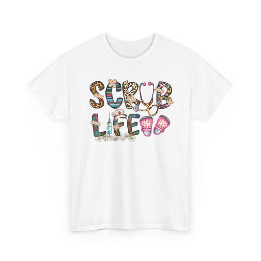White Scrub Life nurse t-shirt with patterned lettering, stethoscope and clogs